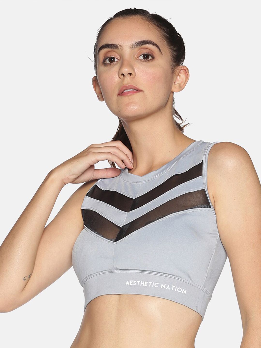 AESTHETIC NATION Grey Melange & Black Striped Oppress Mesh Dry Fit Workout Bra - Non-Wired Price in India