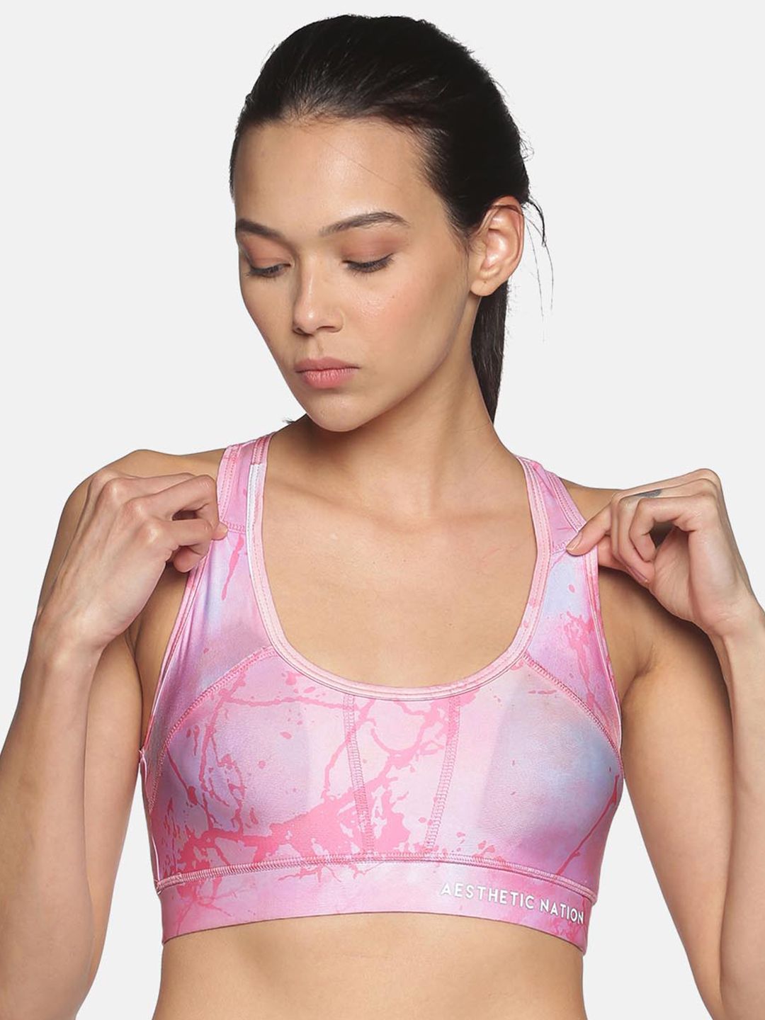 AESTHETIC NATION Pink & Purple Colourblocked Full Coverage Non Wired Workout Bra Price in India