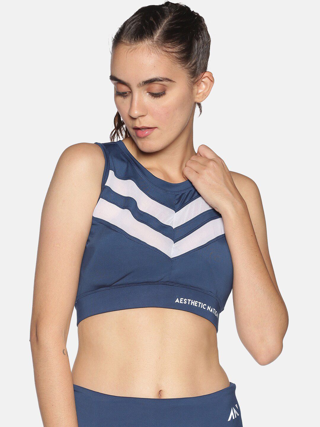 AESTHETIC NATION Blue & White Striped Oppress Mesh Dry Fit Workout Bra - Non-Wired Price in India