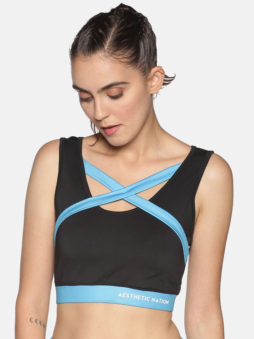 AESTHETIC NATION Women Black & Blue organic Tinge Sports Bra-TNG-SB-BLCK Price in India