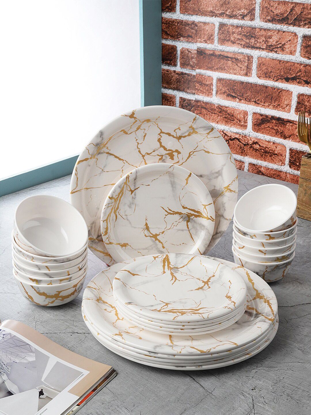 Servewell Pack Of 24 White & Gold-Toned Printed Melamine Round Dinner Set Price in India