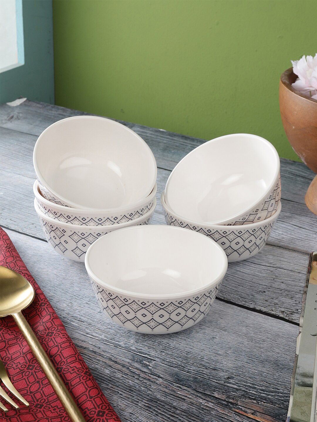 Servewell Pack Of 6 White & Grey Printed Melamine Veg Bowls Set Price in India