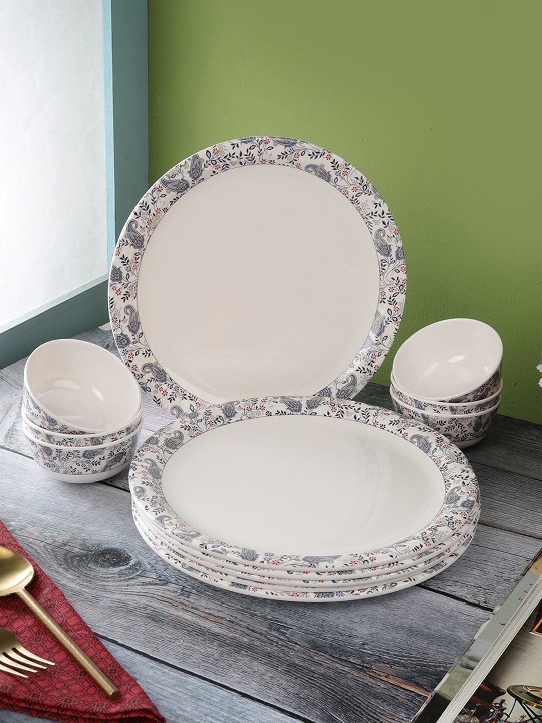 Servewell Pack Of 12 White Printed Melamine Round Dinner Set Price in India