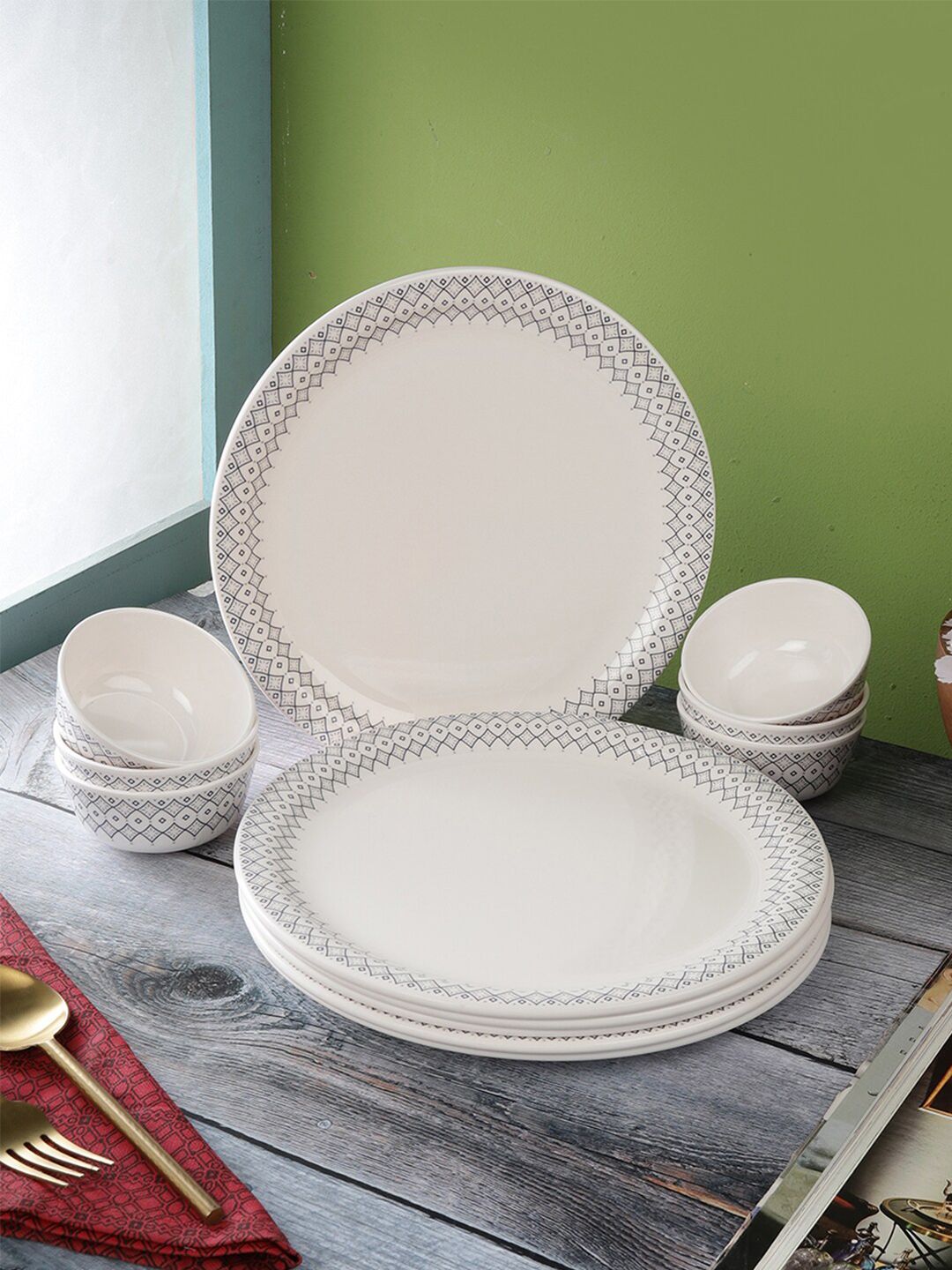 Servewell Pack Of 12 White & Grey Printed Melamine Round Dinner Set Price in India