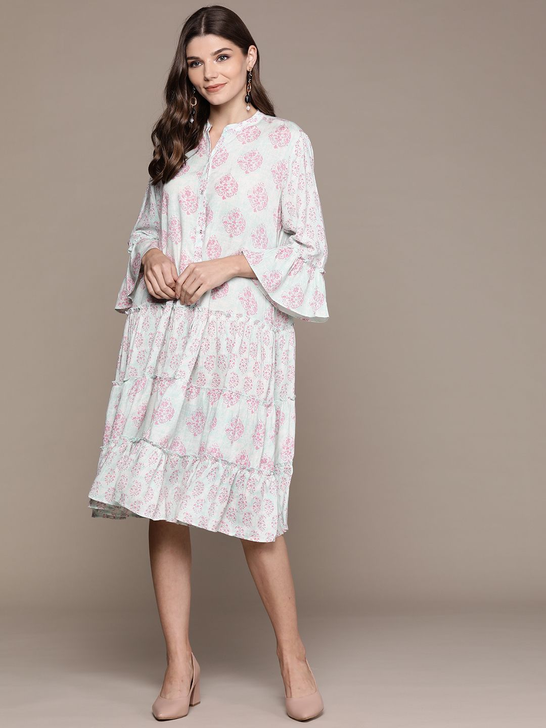 aarke Ritu Kumar Sea Green & Pink Ethnic Motifs A-Line Midi Dress Price in India