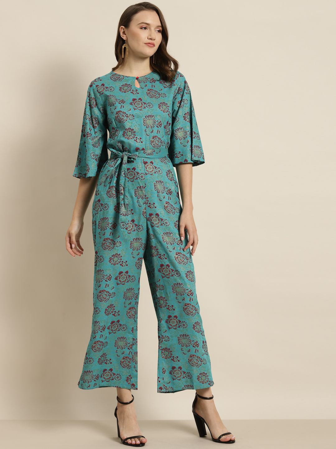 Juniper Turquoise Blue & Burgundy Liva Floral Print Basic Jumpsuit with Belt Price in India