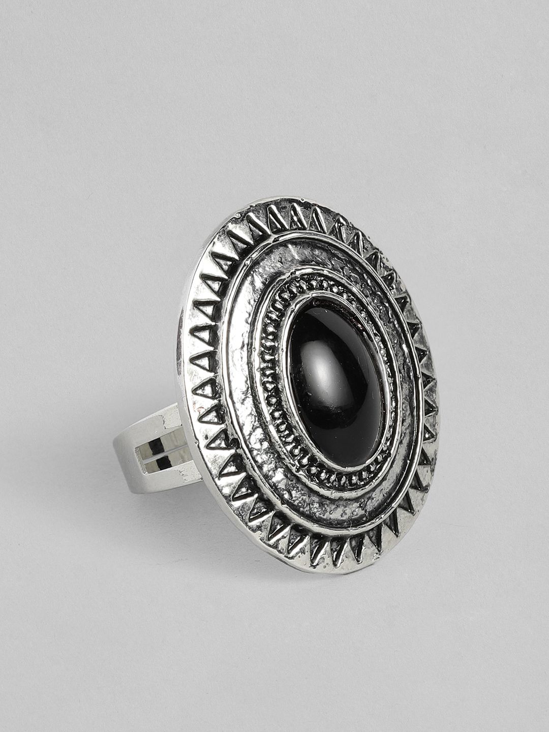 AccessHer Black Oxidised Silver-Plated Enamelled Circular Finger Ring Price in India
