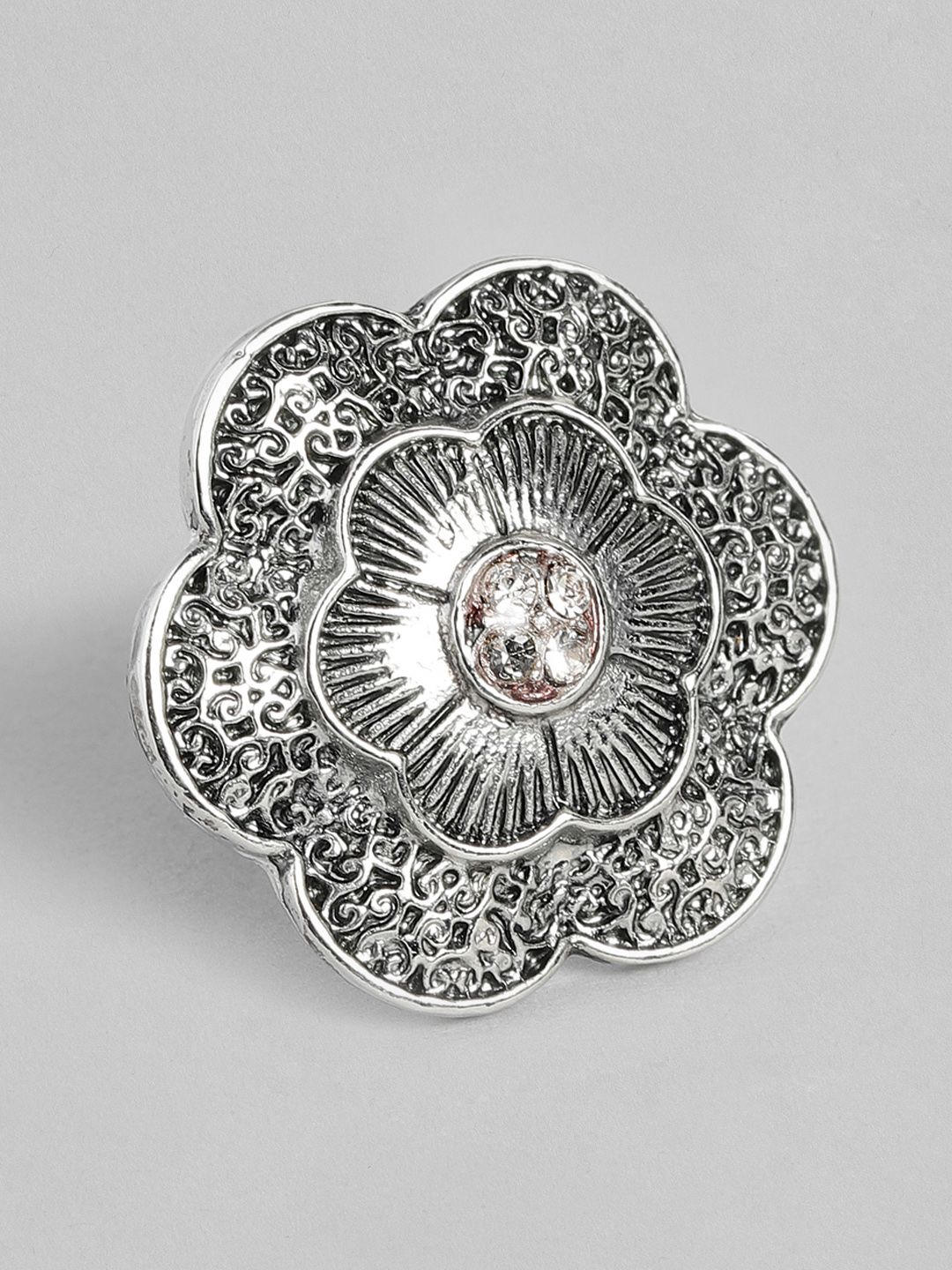 AccessHer Oxidised Silver-Plated Floral Finger Ring Price in India