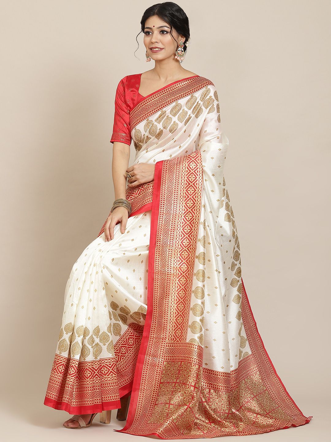 Mitera Off White & Orange Floral Silk Blend Ethnic Printed Banarasi Saree Price in India