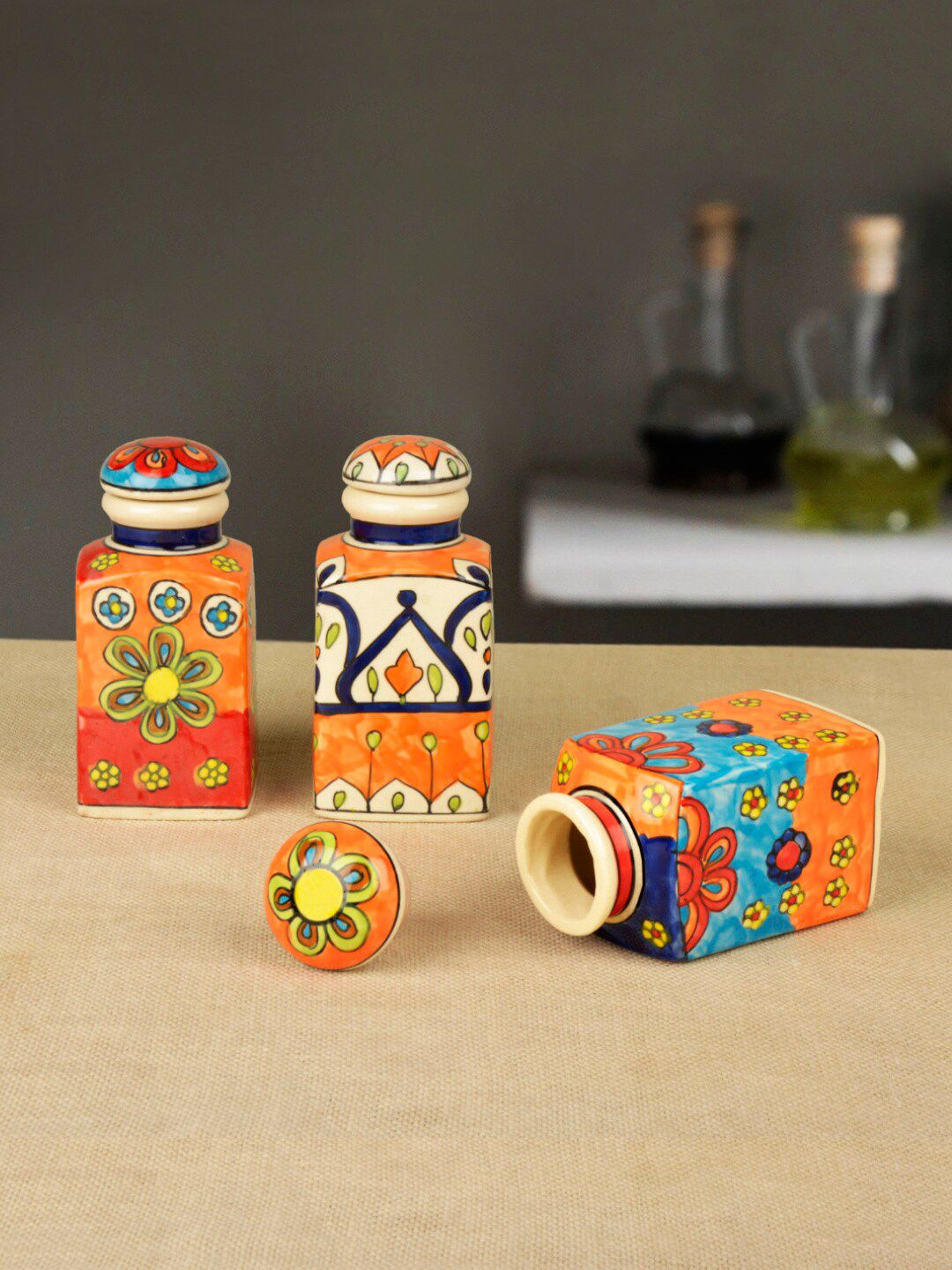 StyleMyWay Set Of 3 Hand Painted Ceramic Spice Jars with Air Tight Lid Price in India