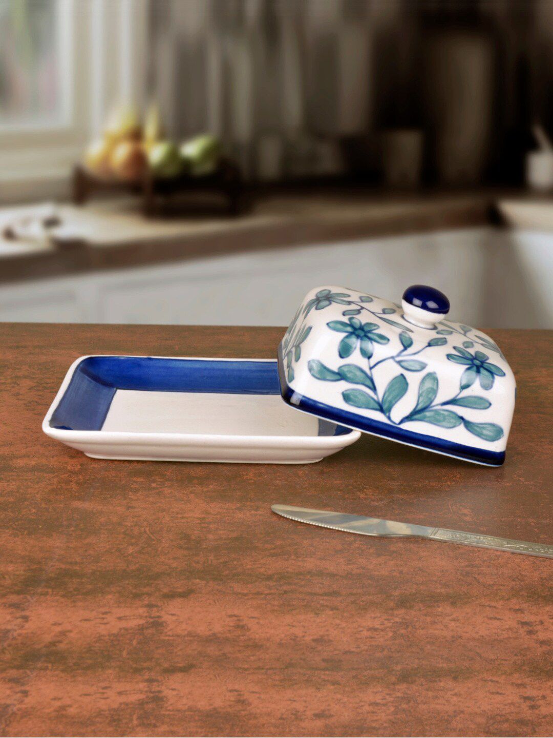 StyleMyWay Blue Hand Painted Ceramic Butter Dish with Lid Price in India