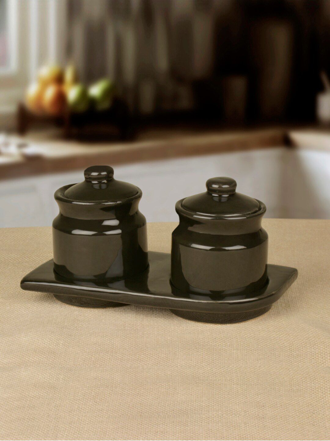 StyleMyWay Black Hand Glazed Ceramic Pickle Serving Jar Set with Tray Price in India