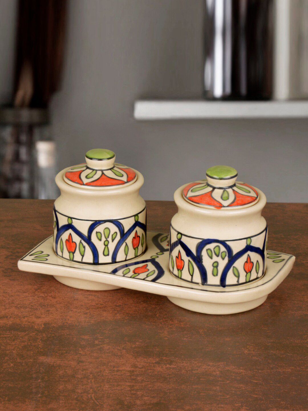 StyleMyWay Set Of 2 Beige-Colored & Blue HandPainted Ceramic Jar With Lid Price in India