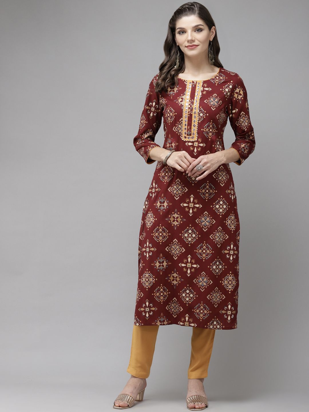 Anubhutee Women Maroon & Mustard yellow Ethnic Motifs Printed Kurta with Trousers