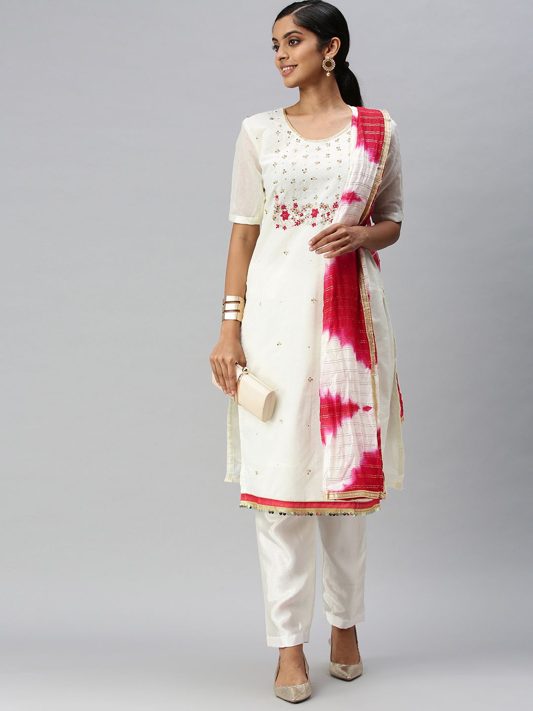 Blissta White & Pink Embellished Unstitched Dress Material Price in India
