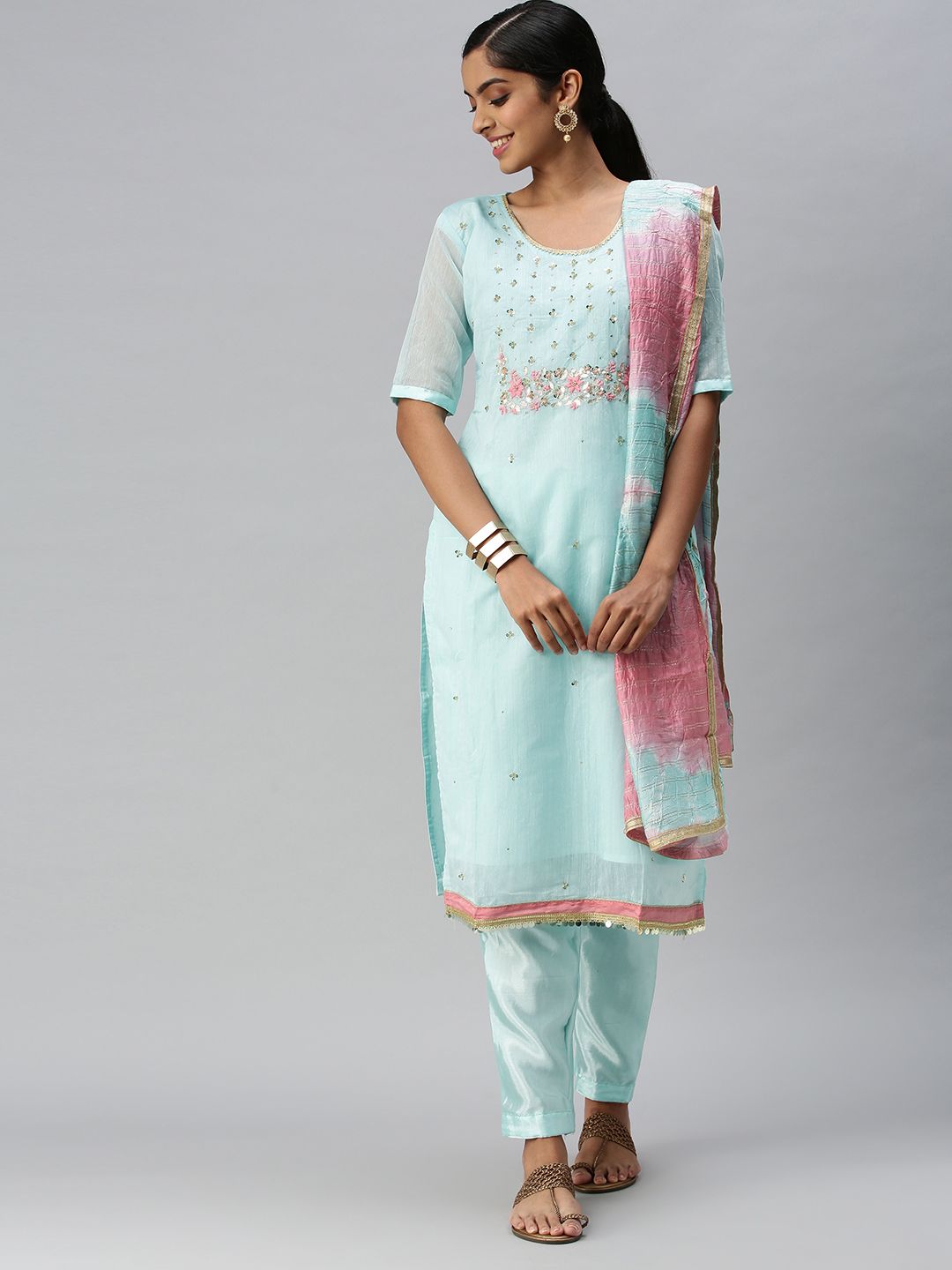 Blissta Blue & Pink Embellished Unstitched Dress Material Price in India