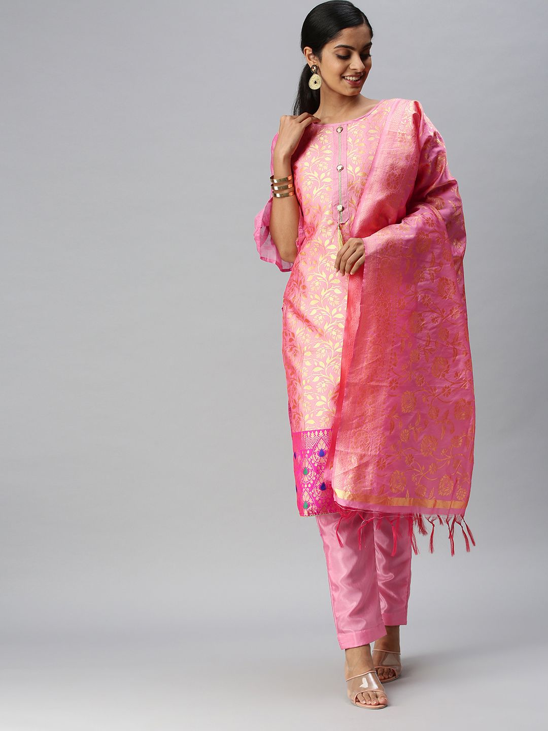 Blissta Pink & Gold-Toned Unstitched Dress Material Price in India