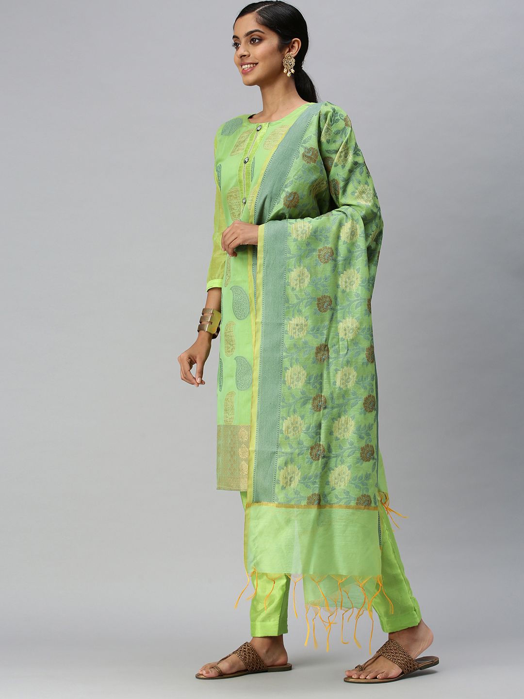 Blissta Green & Gold-Toned Unstitched Dress Material Price in India