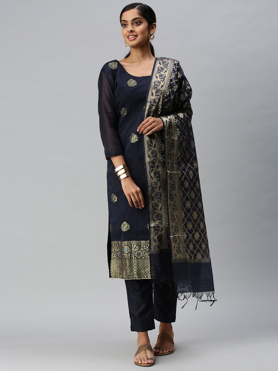 Blissta Navy Blue & Gold-Toned Unstitched Dress Material Price in India