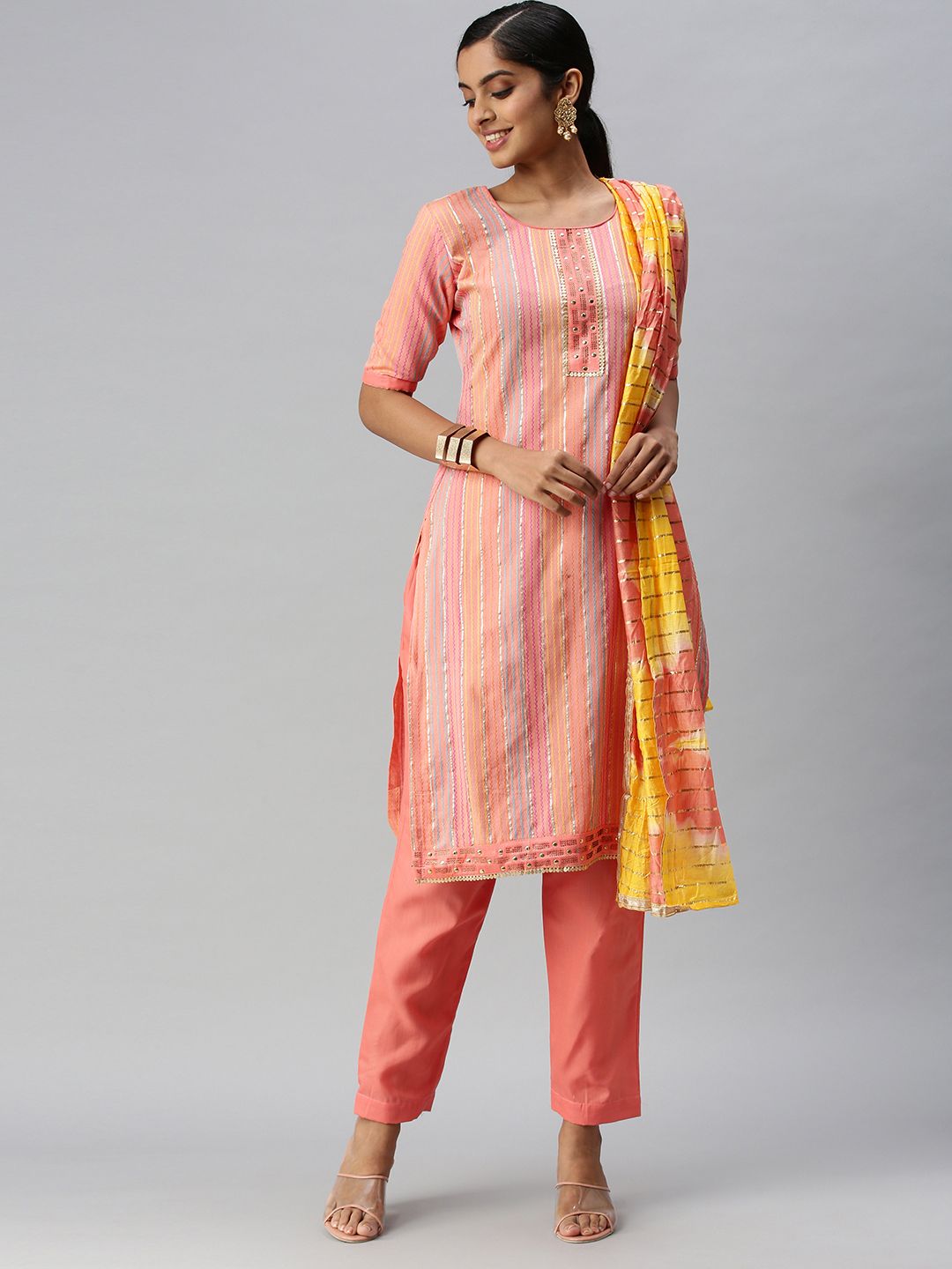 Blissta Orange & Yellow Embellished Pure Cotton Unstitched Dress Material Price in India