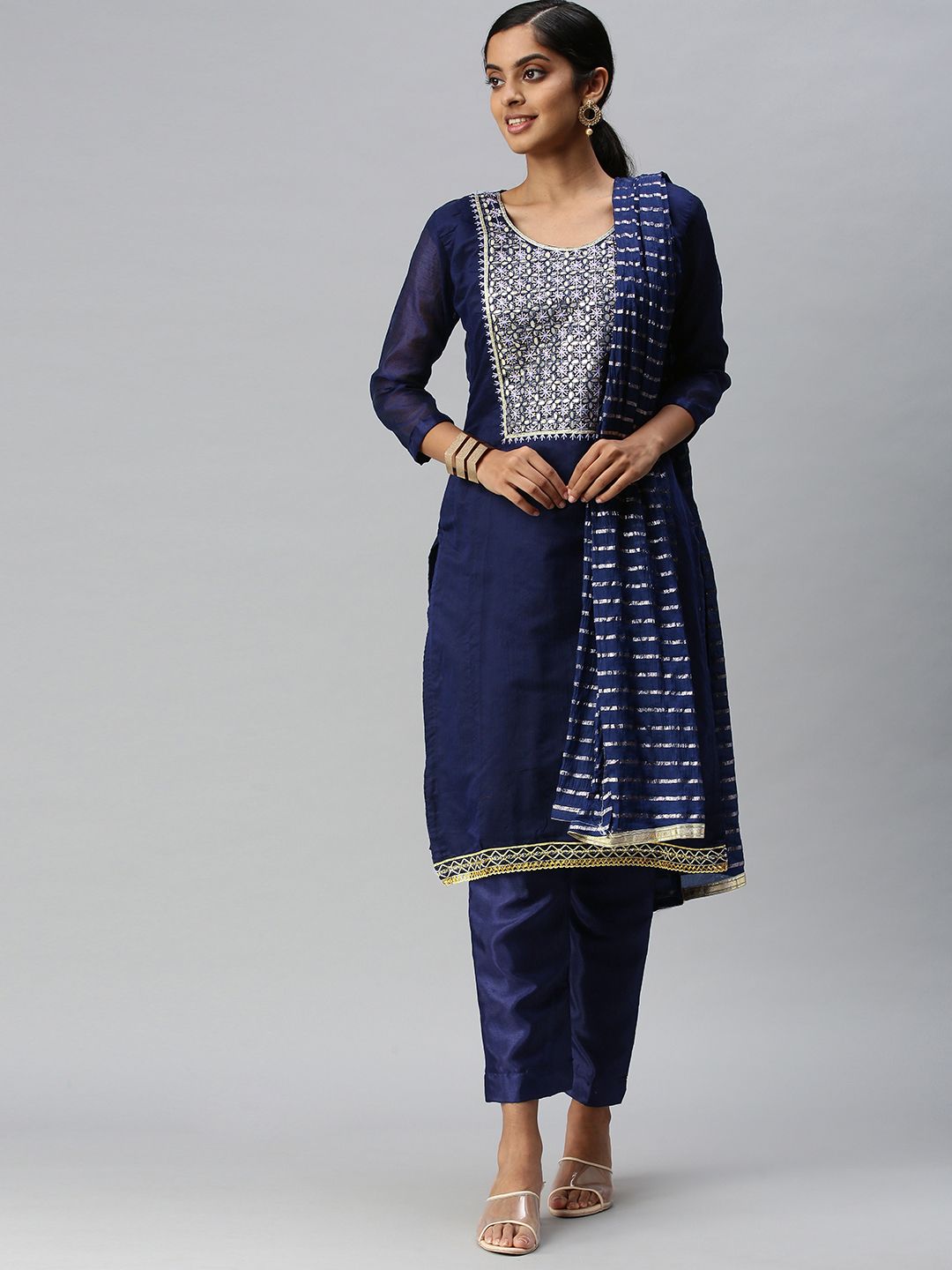 Blissta Blue & Gold-Toned Embellished Unstitched Dress Material Price in India