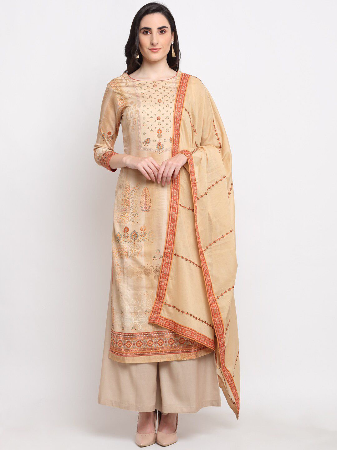 Stylee LIFESTYLE Beige & Red Digitally Printed Unstitched Dress Material Price in India