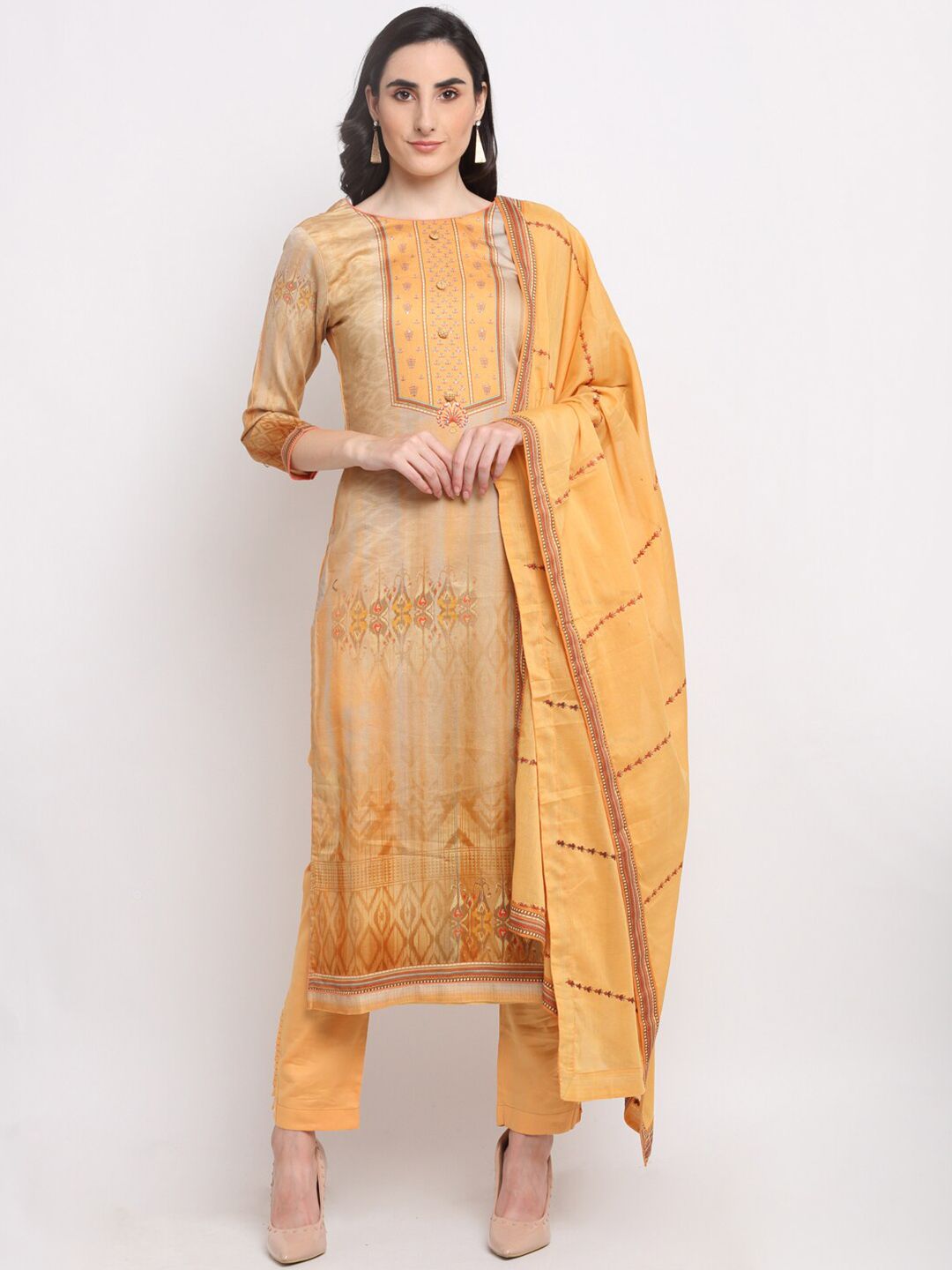 Stylee LIFESTYLE Yellow & Brown Digitally Printed Unstitched Dress Material Price in India