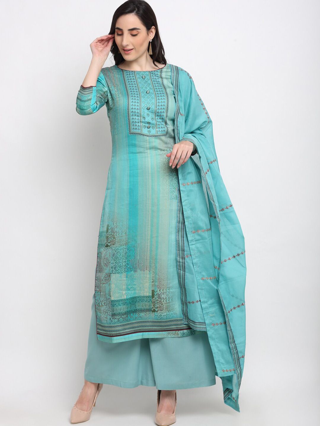 Stylee LIFESTYLE Teal & Brown Digitally Printed Unstitched Dress Material Price in India