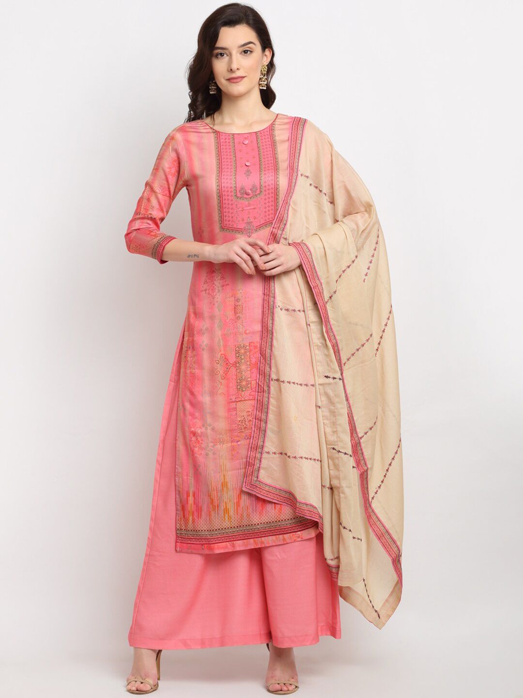 Stylee LIFESTYLE Pink & Beige Digitally Printed Unstitched Dress Material Price in India