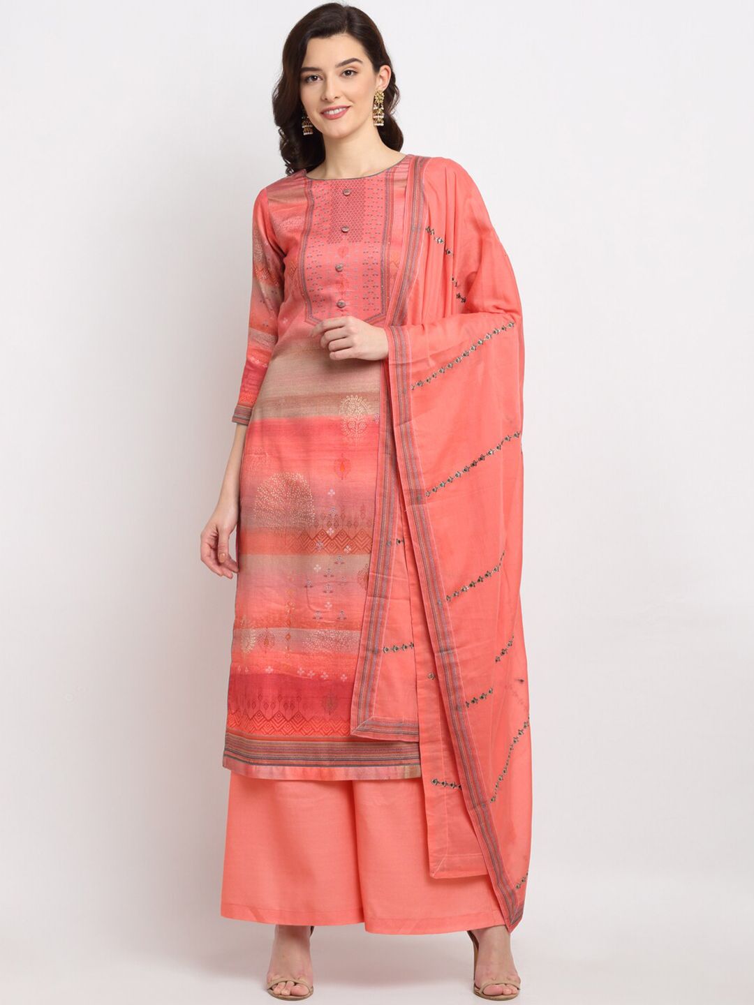 Stylee LIFESTYLE Peach-Coloured & Gold-Toned Digitally Printed Unstitched Dress Material Price in India