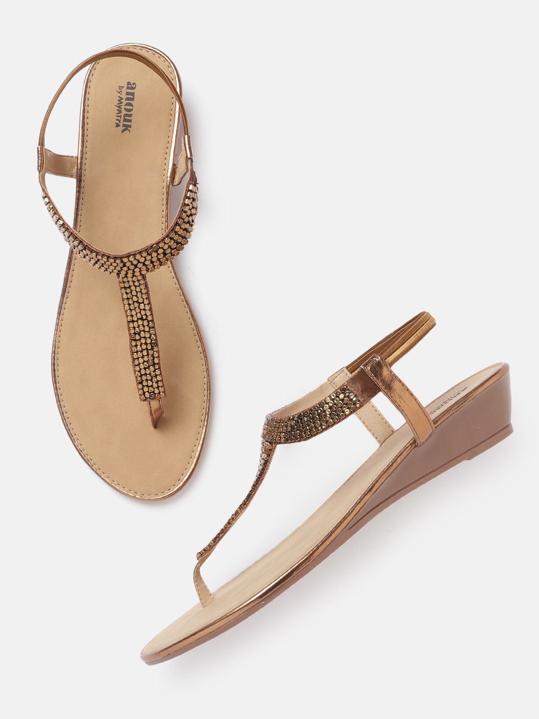 Anouk Gold-Toned Embellished Ethnic T-Strap Wedges Price in India