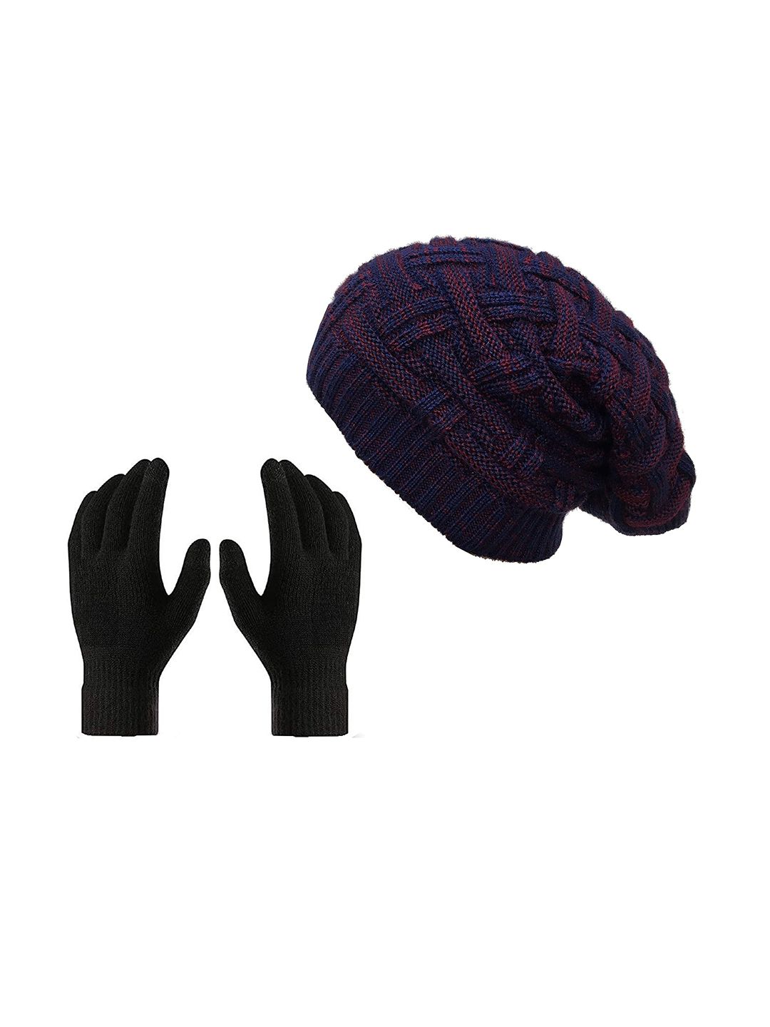 Gajraj Unisex Purple & Coral Self Design Beanie Cap & Gloves Set Price in India