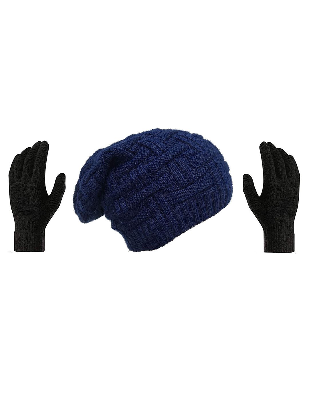 Gajraj Unisex Navy Blue & Black Self Design Woolen Beanie & Gloves Price in India