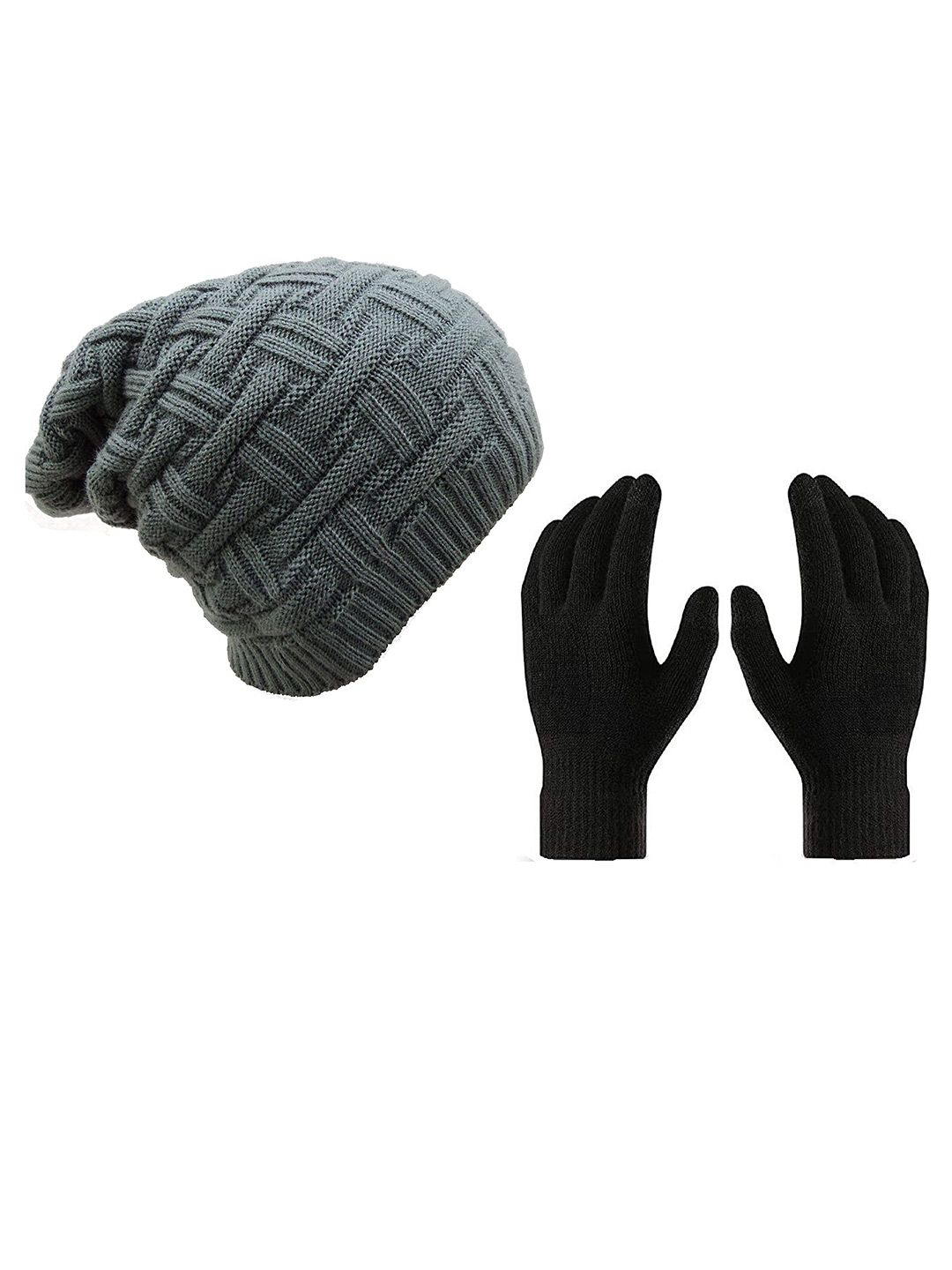 Gajraj Unisex Grey Woolen Beanie with Black Gloves Set Price in India