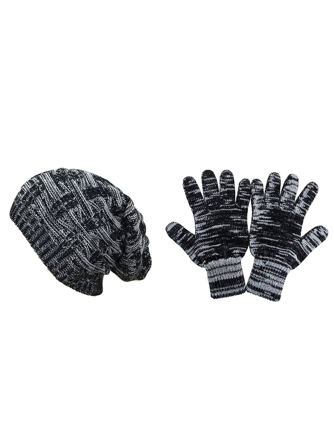 Gajraj Unisex Black & White Knit Woolen Beanie With Gloves Set Price in India