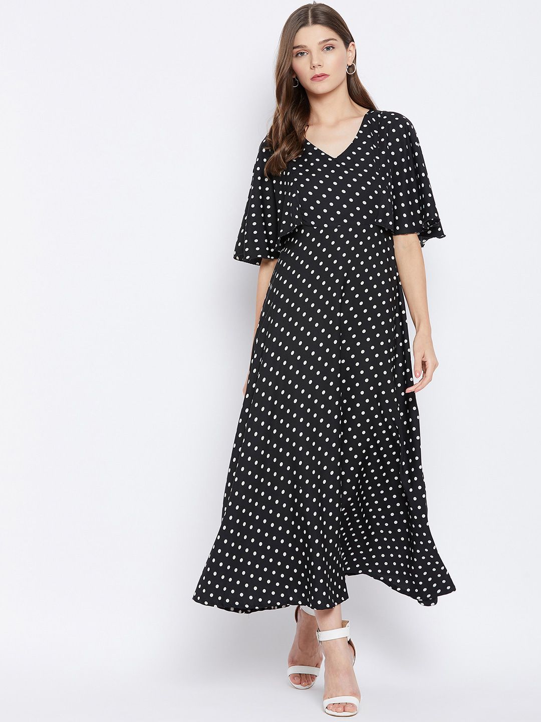 U&F Black Polka Dot Printed Crepe Maxi Dress Price in India