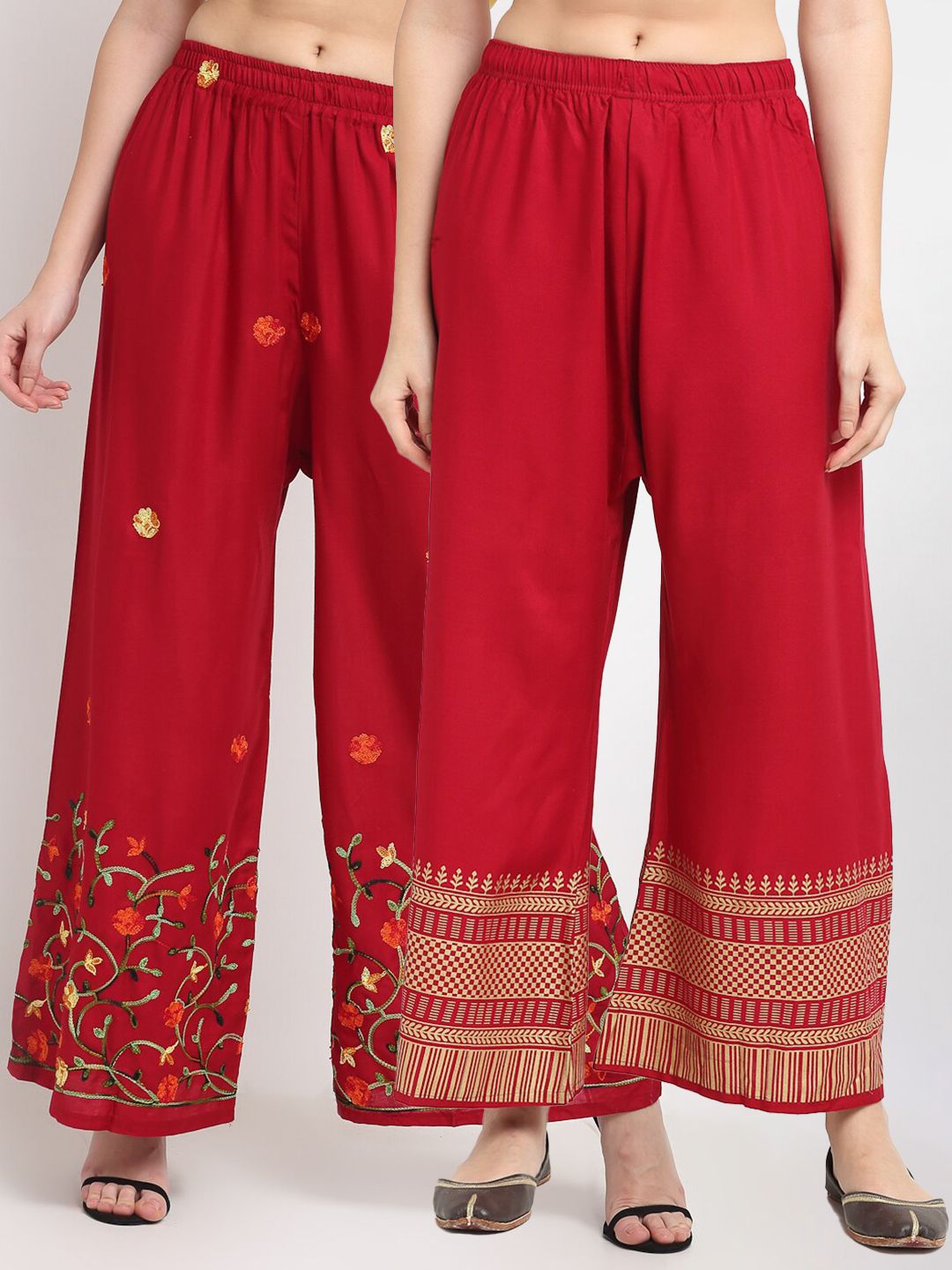 TAG 7 Women Pack of 2 Maroon & Gold-Toned Embroidered Flared Palazzos Price in India