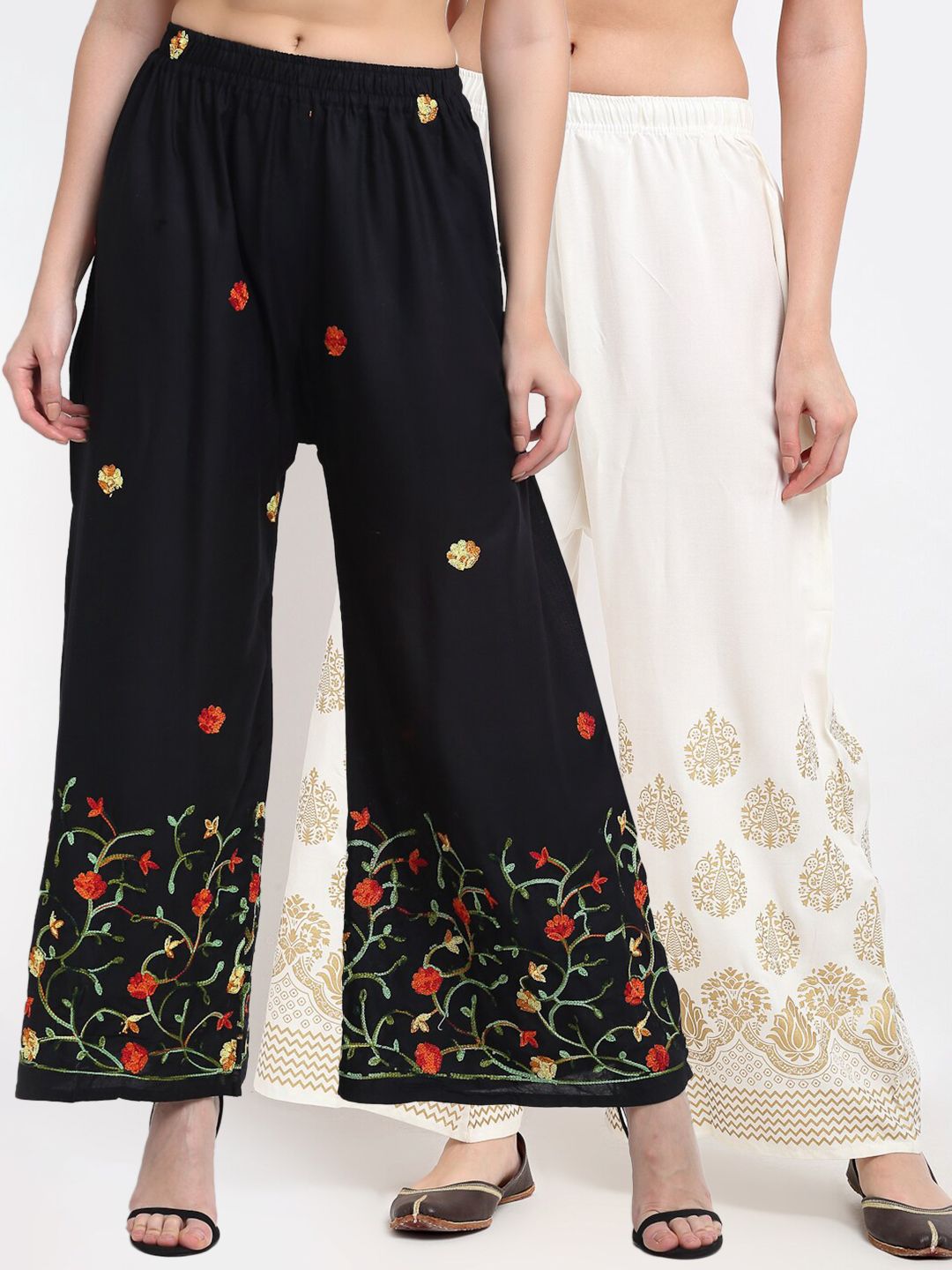 TAG 7 Women Black & White Pack of 2 Floral Embroidered Flared Ethnic Palazzos Price in India