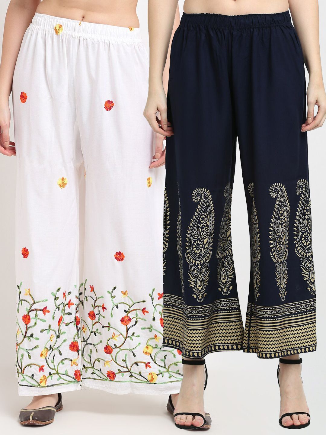TAG 7 Women White & Navy Blue Pack of 2 Floral Embroidered Flared Ethnic Palazzos Price in India