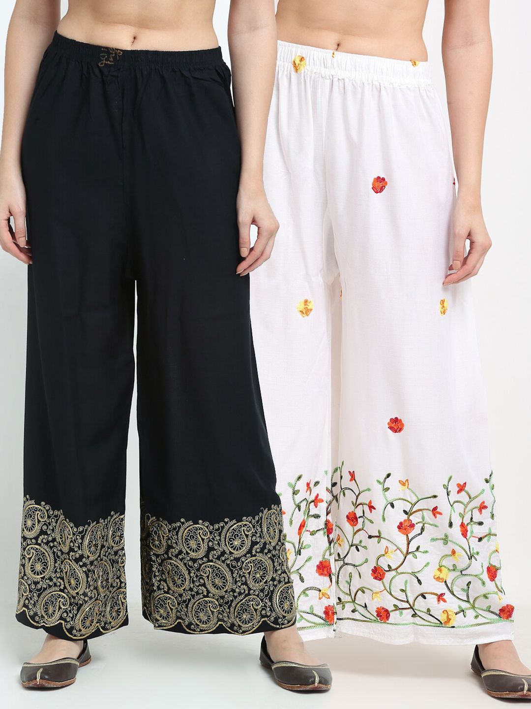 TAG 7 Women Pack of 2 White & Black Printed Flared Palazzos Price in India