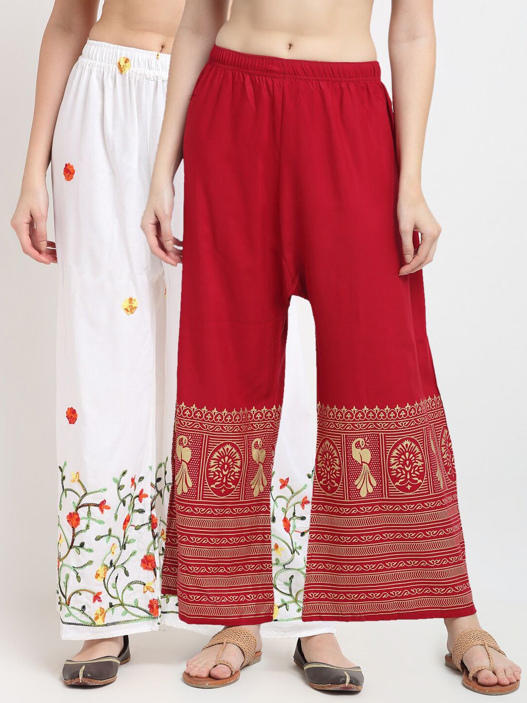 TAG 7 Women Pack of 2 White & Red Embroidered Flared Palazzos Price in India