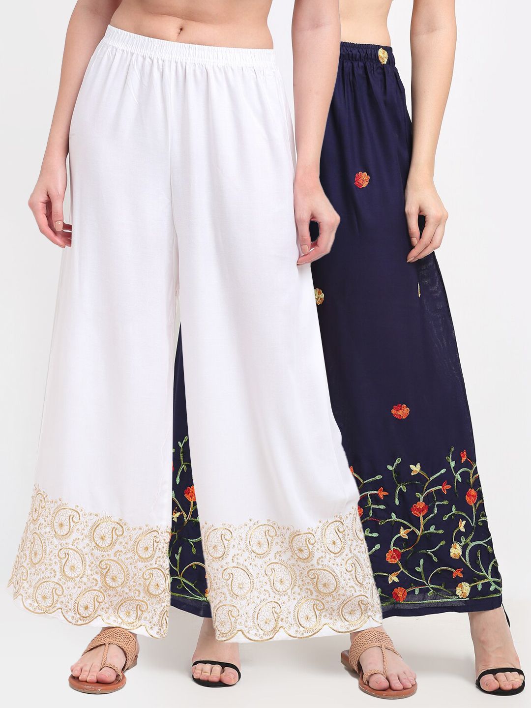 TAG 7 Women Pack of 2Navy Blue & White Embroidered Wide Leg Palazzos Price in India