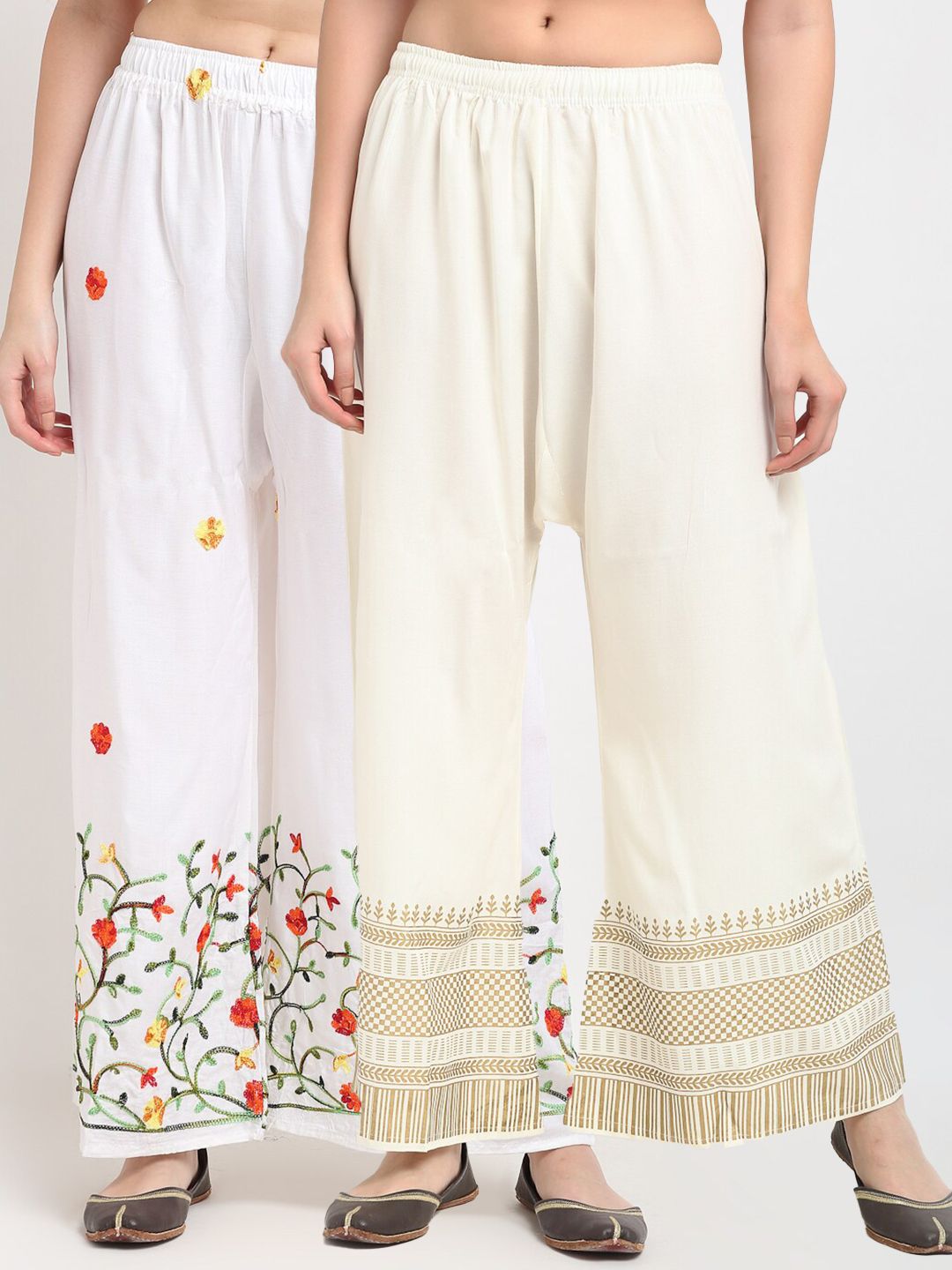 TAG 7 Women Pack Of 2 White & Cream Ethnic Motifs Printed Wide Leg Palazzos Price in India