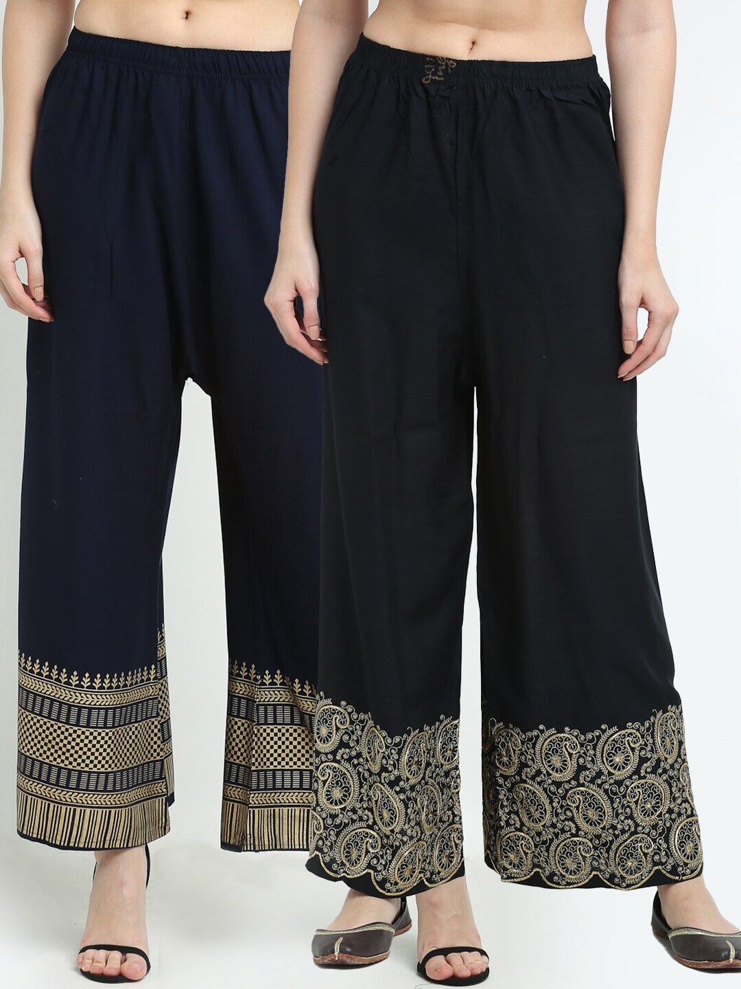 TAG 7 Women Black & Navy Blue Pack of 2 Ethnic Motifs Embroidered Flared Palazzos Price in India