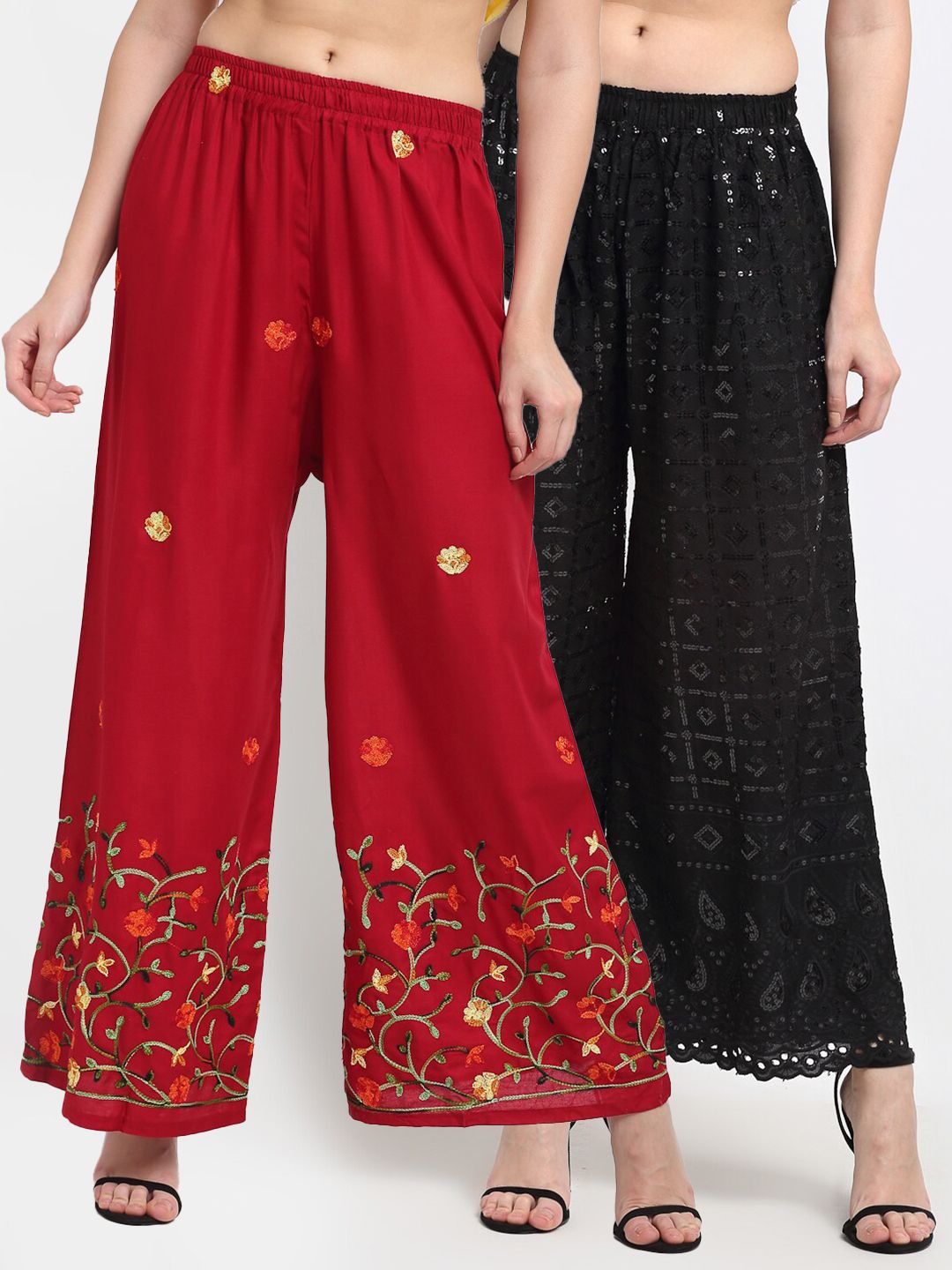 TAG 7 Women Pack of 2 Maroon & Black Embellished Wide Leg Palazzos Price in India