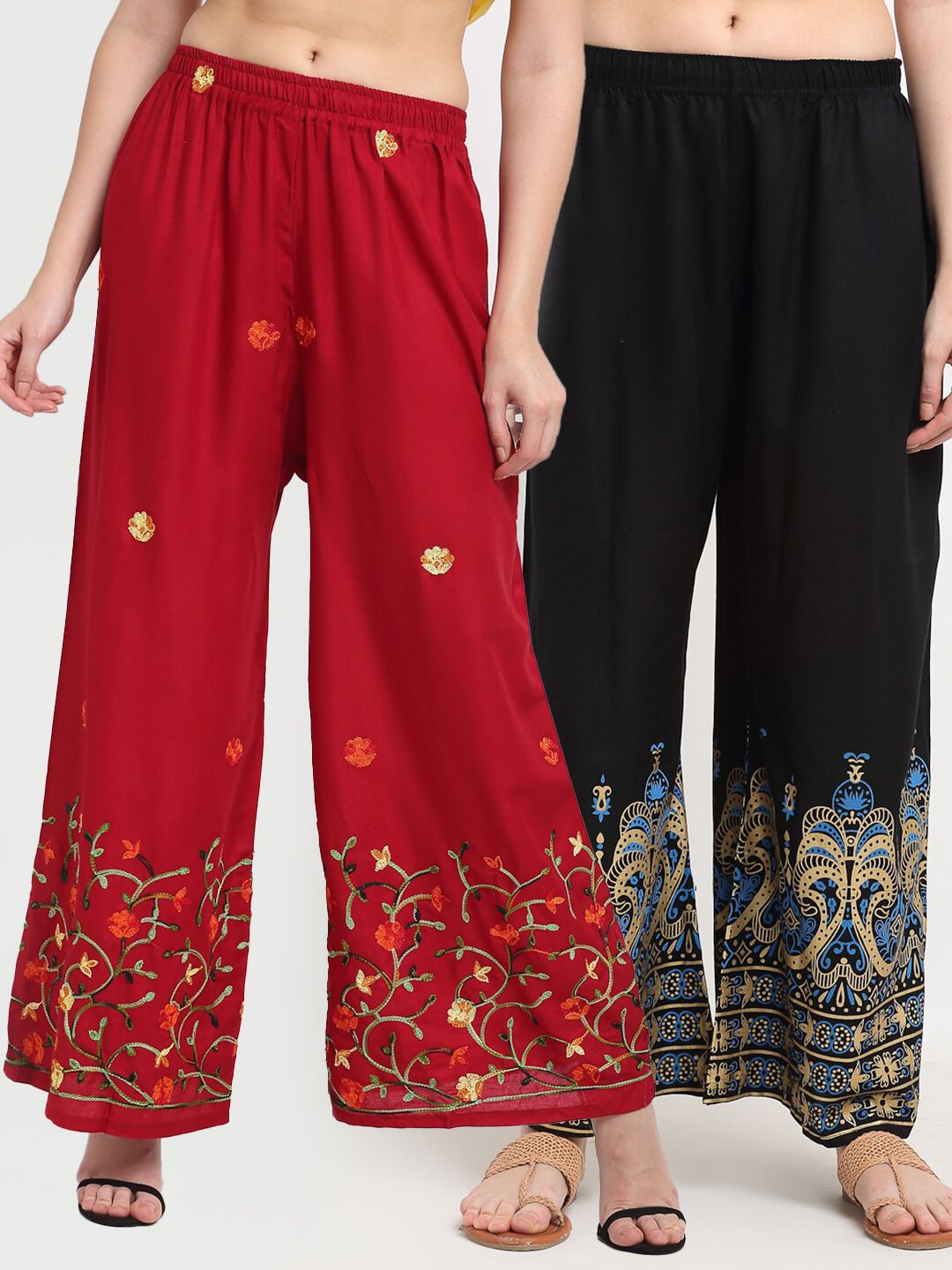 TAG 7 Women Pack Of 2 Black & Maroon Ethnic Motifs Printed Wide Leg Palazzos Price in India
