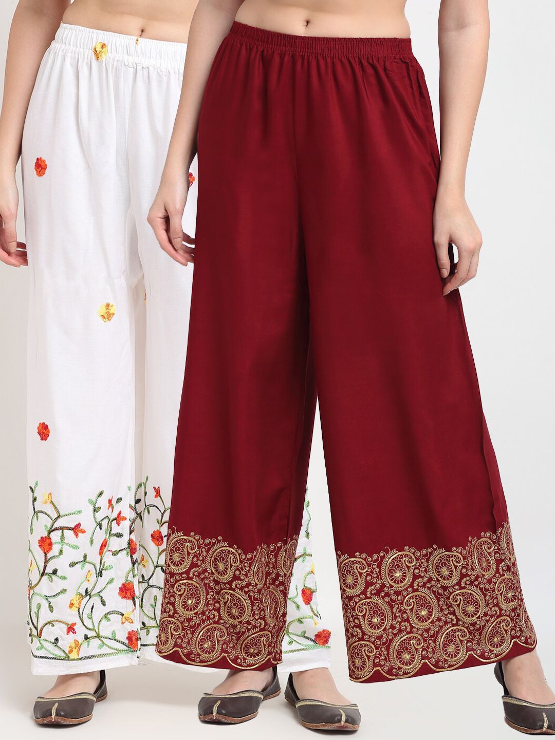 TAG 7 Women Pack of 2 White & Maroon Embroidered Wide Leg Palazzos Price in India