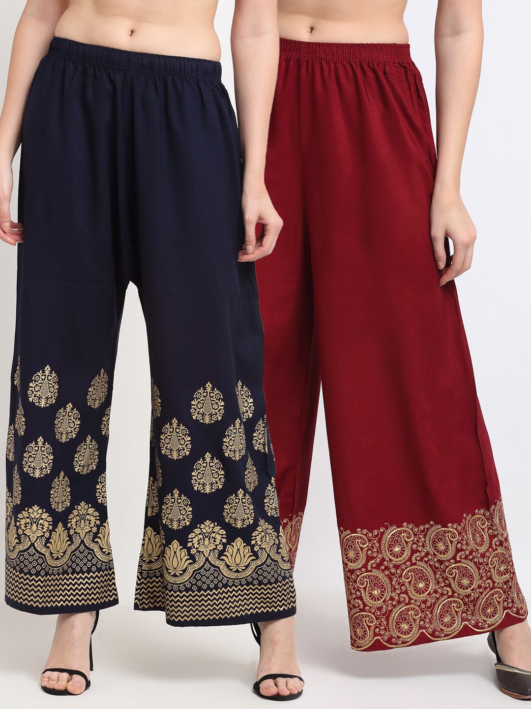 TAG 7 Women Pack Of 2 Black & Maroon Ethnic Motifs Printed Wide Leg Palazzos Price in India