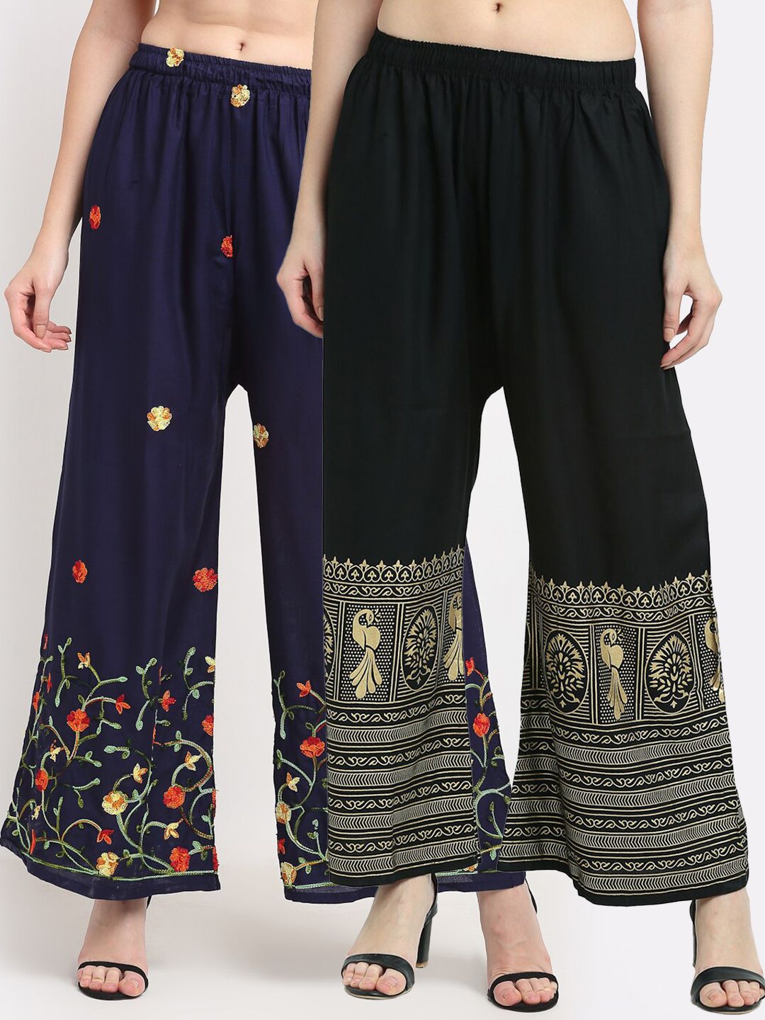 TAG 7 Women Navy Blue & Black 2 Floral Embroidered Flared Ethnic Palazzos Price in India