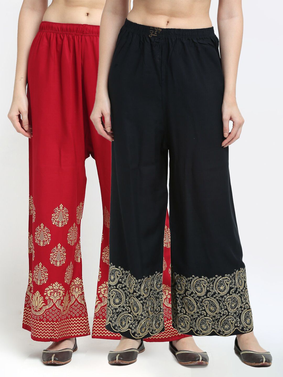 TAG 7 Women Pack of 2 Black & Red Embroidered Flared Palazzos Price in India